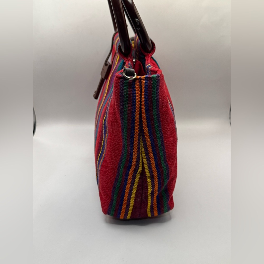 Fossil red multicolor woven handbag with wooden ring handles might missing strap - Picture 7 of 10